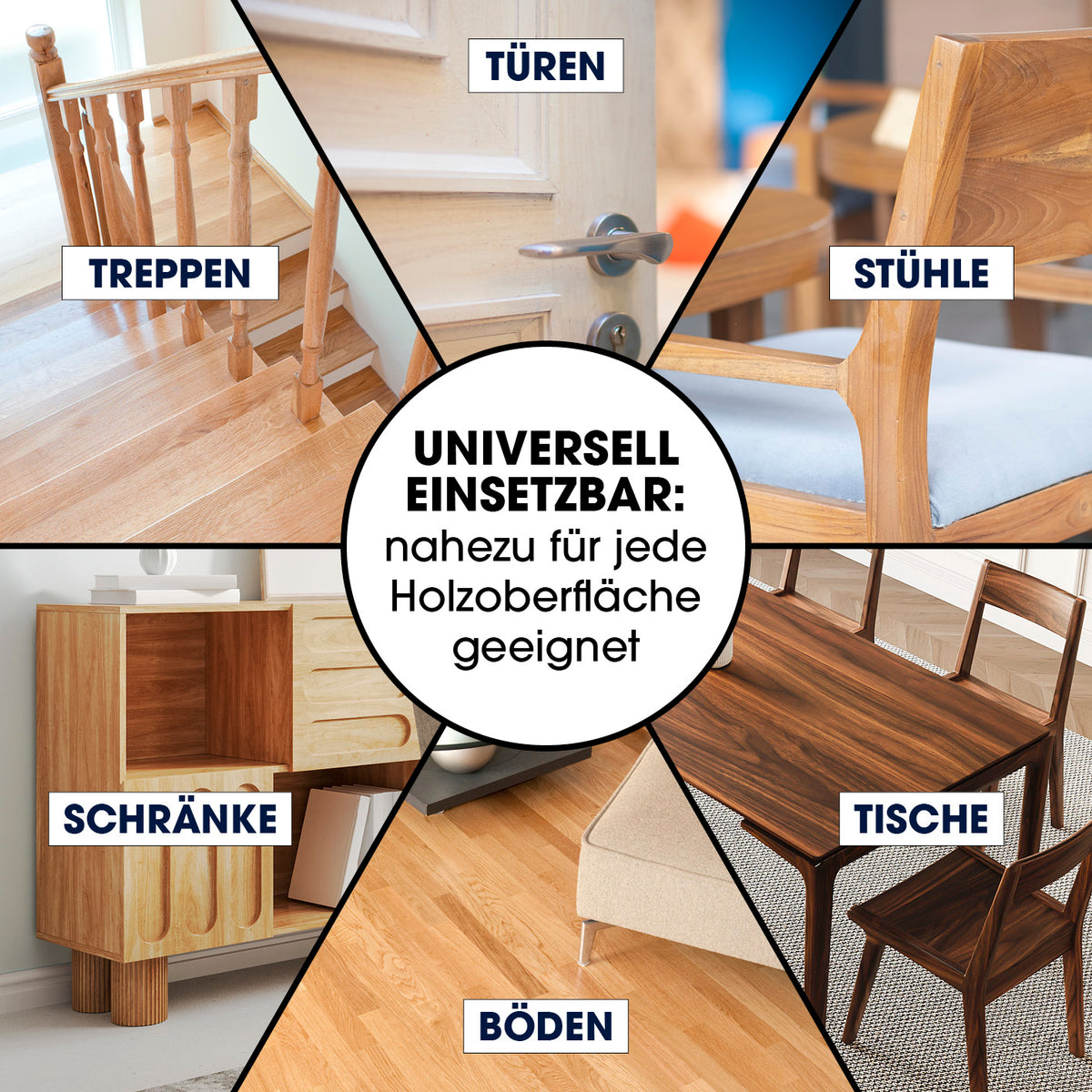 Reparaturset für Laminat & Parkett zur einfachen Ausbesserung von Türen, Treppen, Stühlen, Schränken, Tischen und Böden.