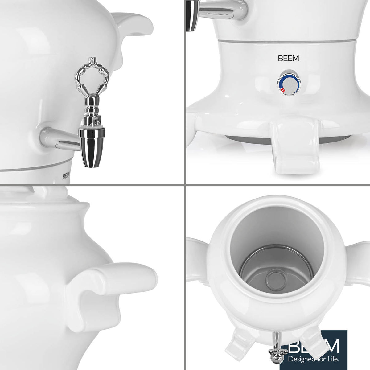 ODETTE BLANC Samowar - 5 l in Weiß mit verchromtem Ausgießer, Temperaturregler und praktischem Griffdetail aus verschiedenen Perspektiven.