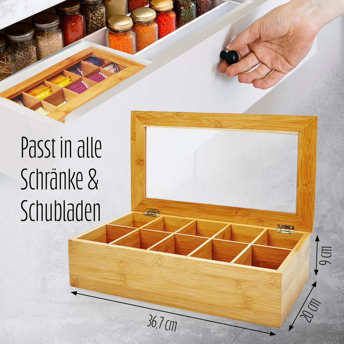 Cuisine Teebox aus Bambus mit 10 Fächern, 36,7 x 20 x 9 cm, nachhaltige Teebeutelbox mit Sichtfenster und Deckel, platzsparend für Küche.