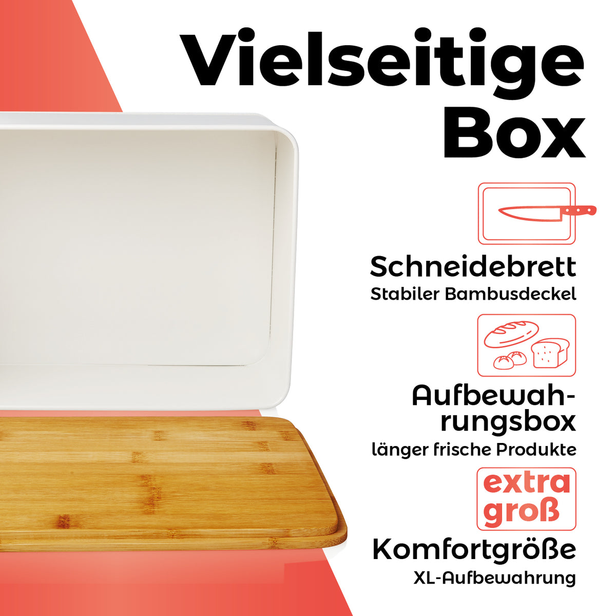 Cuisine Brotkasten aus Metall mit Bambus Deckel - rechteckig, weiß, multifunktional als Brotdose und Schneidebrett, platzsparend und langlebig.