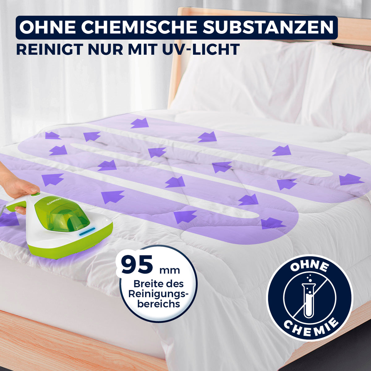 Milbensauger Vibration - weiß/limegreen reinigt Matratze mit 95 mm Breite ohne Chemie, nur mit UV-Licht zur Milbenbekämpfung.