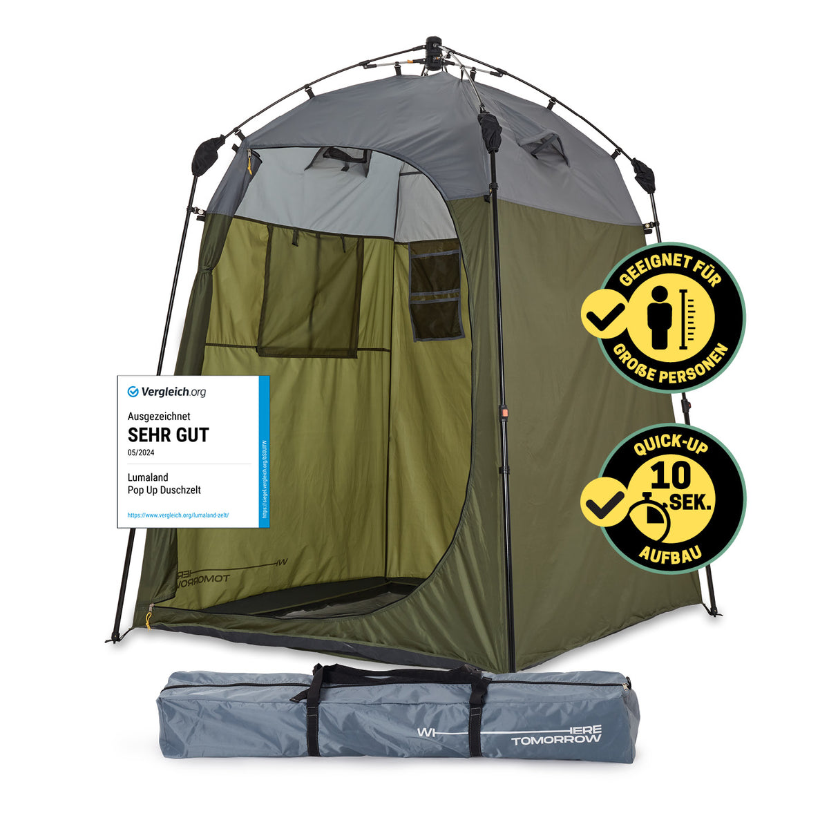 Pop up Duschzelt - 220 cm hoch - Grün, leichtes, wasserdichtes Outdoor-Zelt mit schnellem 10-Sekunden-Aufbau von WHERE TOMORROW.