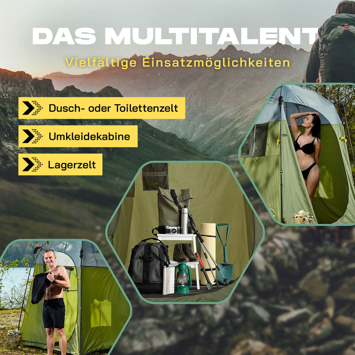 Pop up Duschzelt - 220 cm hoch - Grün, vielseitiges Outdoorzelt als Duschzelt, Umkleidekabine oder Lagerzelt für Reisen und Festival.