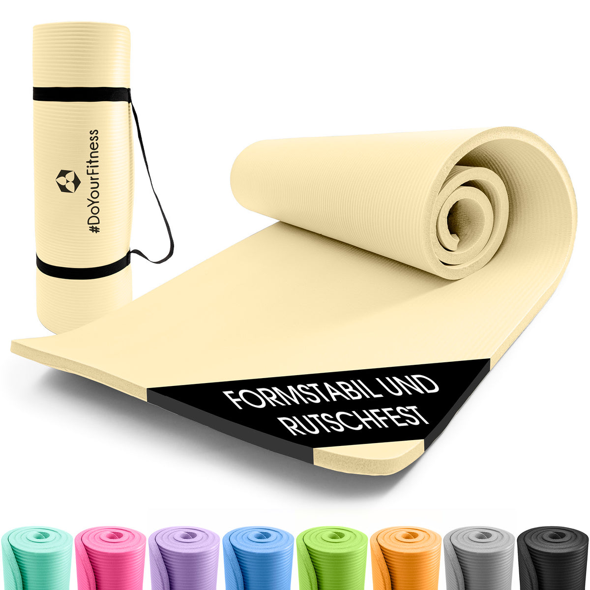 Fitness- und Gymnastikmatte - 190 x 100 x 1 cm - Hell Beige, rutschfest, robust, leicht mit Tragegurt, ideal für Yoga und Home-Gym.