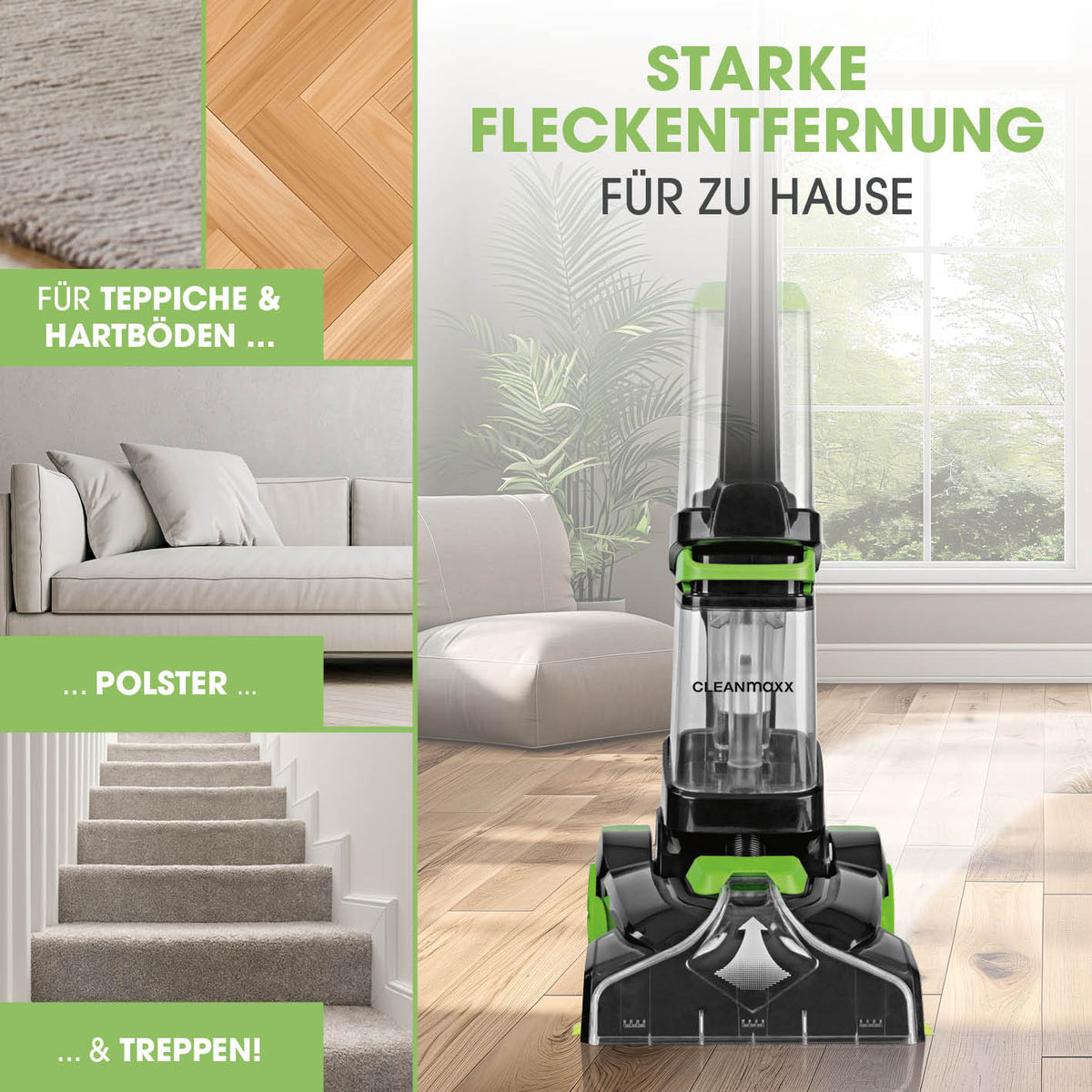 Teppichreiniger Pro entfernt starke Flecken auf Teppichen, Hartböden, Polstern und Treppen effektiv und sorgt für Sauberkeit zuhause.