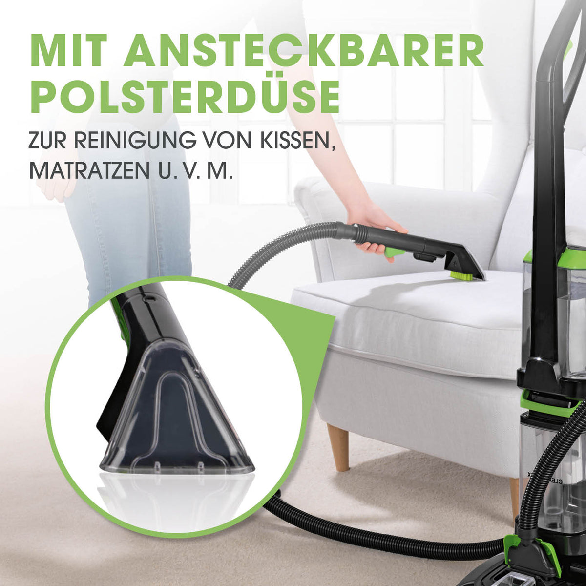 Teppichreiniger Pro mit ansteckbarer Polsterdüse zur gründlichen Reinigung von Kissen, Matratzen und Polstern im Haushalt.