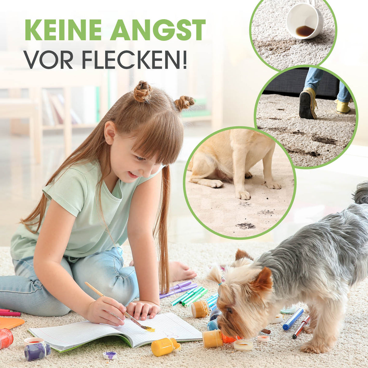 Teppichreiniger Pro entfernt mühelos Flecken von Kaffee, Schmutz und Pfoten für brillante Sauberkeit im ganzen Haushalt.