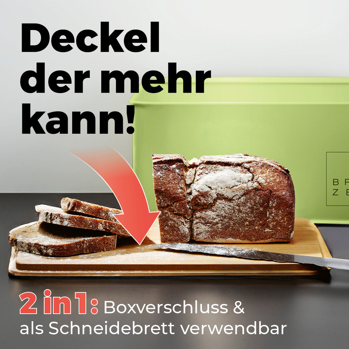 Cuisine Brotkasten aus Metall mit Bambus Deckel in Mintgrün, rechteckig, multifunktionaler 2-in-1 Deckel als Schneidebrett und Boxverschluss.