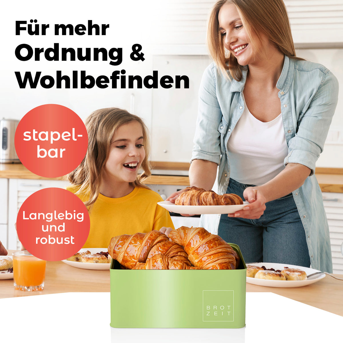 Cuisine Brotkasten aus Metall mit Bambus Deckel in Mintgrün, rechteckig, platzsparend und mit Brotzeit-Schriftzug designet.