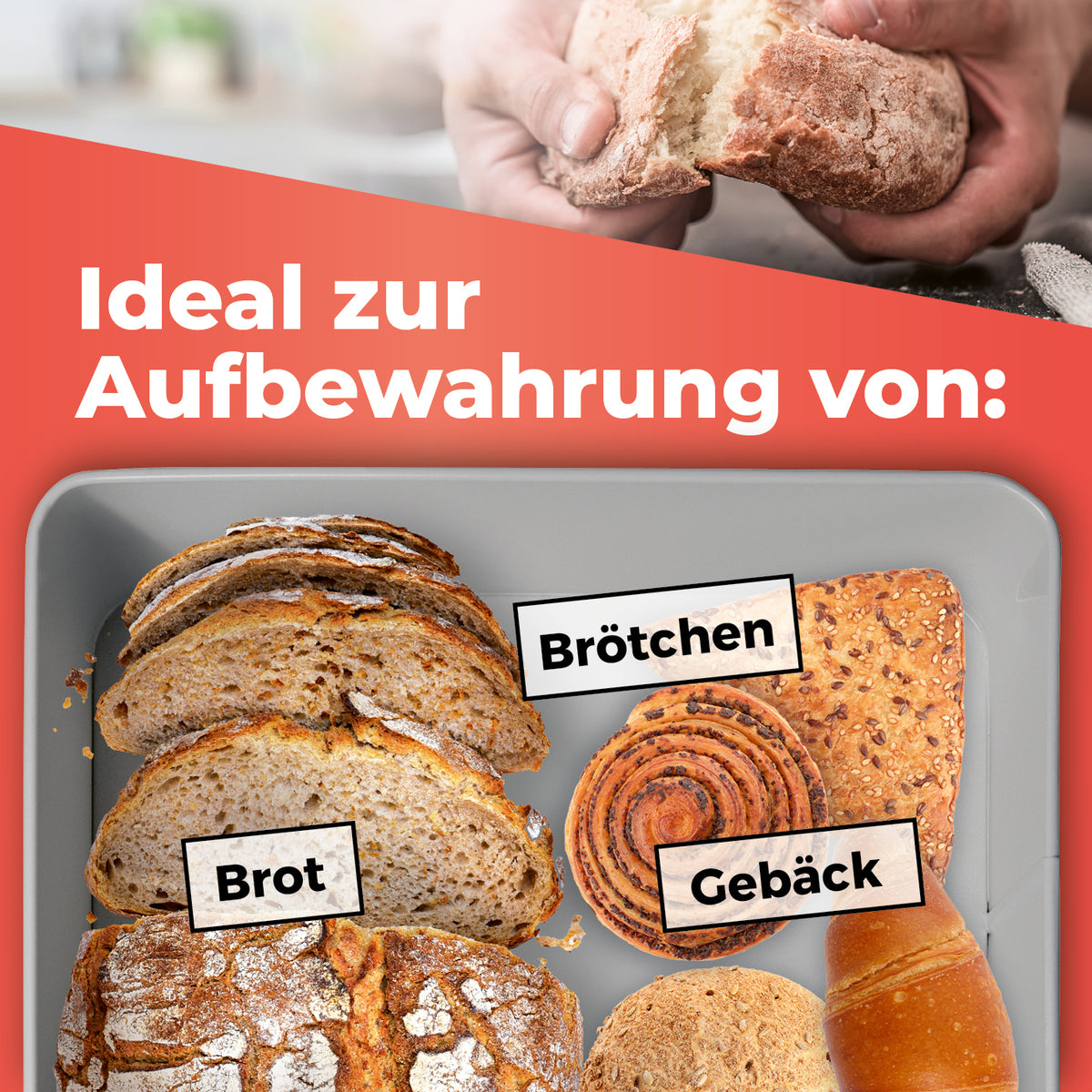Cuisine Brotkasten aus Metall mit Bambus Deckel - rechteckig 30,5x23,5x14 cm zur platzsparenden Aufbewahrung von Brot und Gebäck.