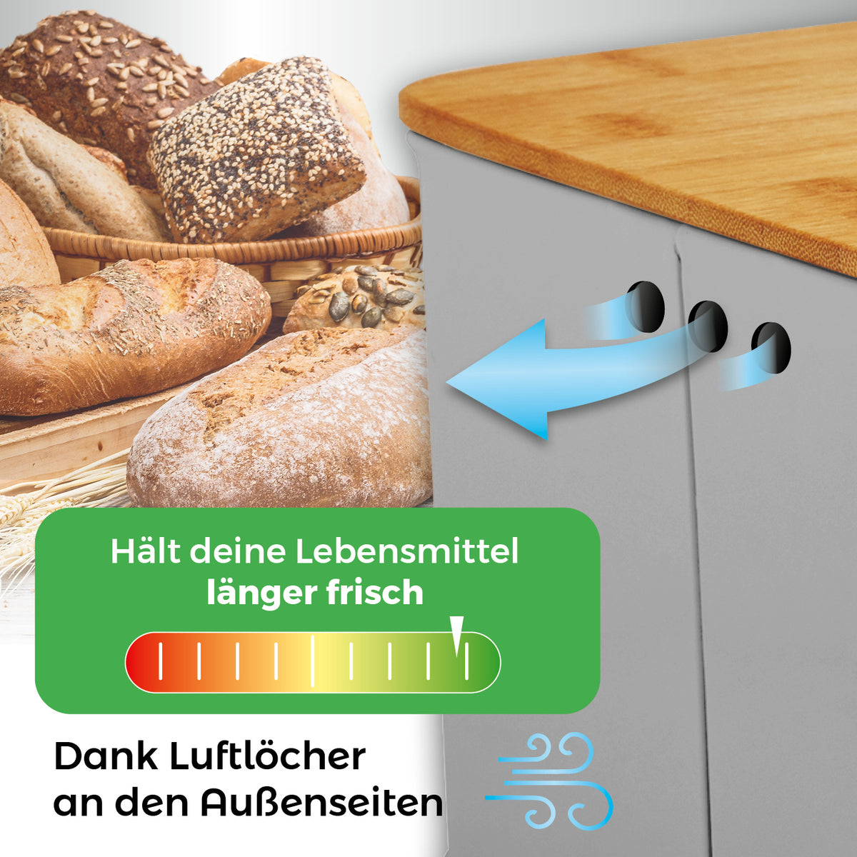 Cuisine Brotkasten aus Metall mit Bambus Deckel, hellgrau, mit Belüftungslöchern für längere Frische und multifunktionalem Schneidebrett-Deckel.