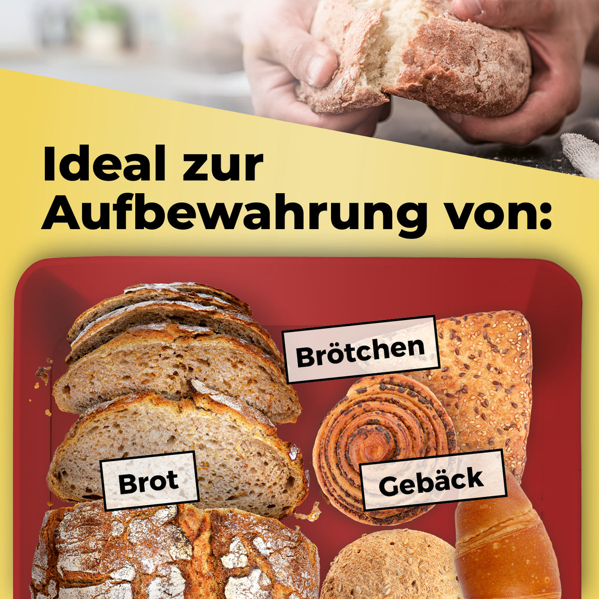 Cuisine Brotkasten aus Metall mit Bambus Deckel - Rechteckig 30,5 x 23,5 x 14 cm - Rot, ideal zur Aufbewahrung von Brot, Brötchen und Gebäck.