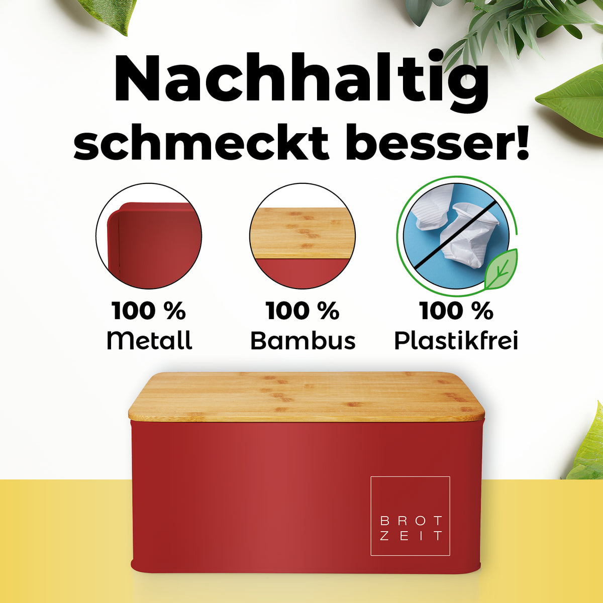 Cuisine Brotkasten aus Metall mit Bambus Deckel in Rot, rechteckig, 30,5 x 23,5 x 14 cm, plastikfrei und nachhaltig.