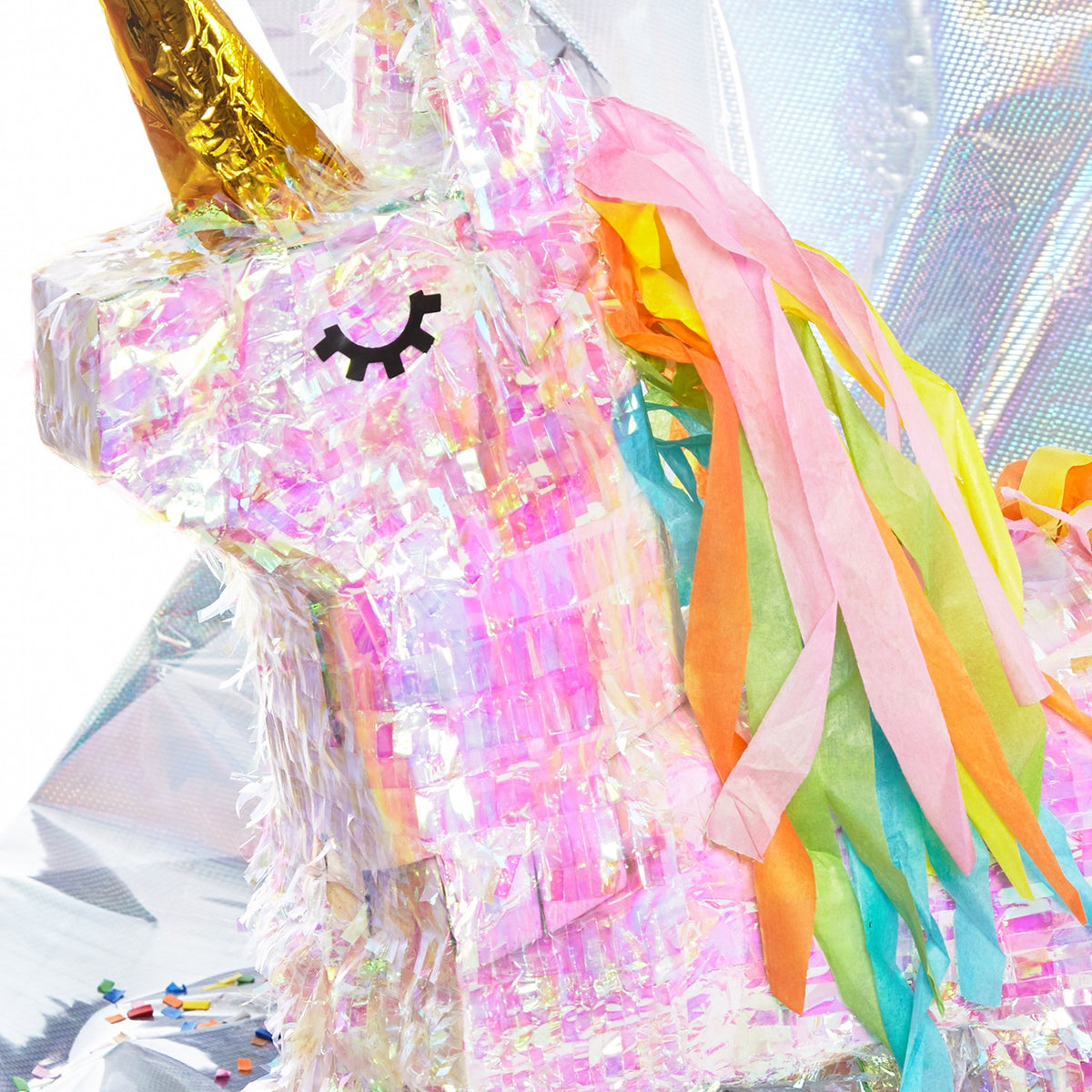 Pinata Einhorn - Set zum Befüllen inkl. Schläger, Maske und 50g Konfetti mit glänzender Oberfläche und buntem Papier für Partyspaß.