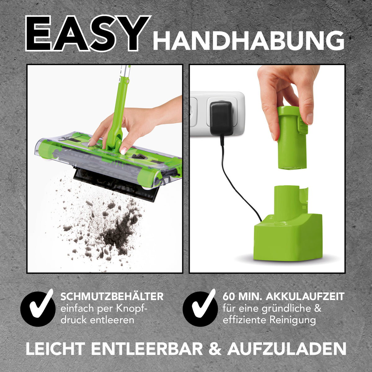 Swivel Sweeper G 2 Akkubesen kabellos Limegreen mit leicht entleerbarem Schmutzbehälter und 60 Min. Akkulaufzeit für einfache Handhabung.