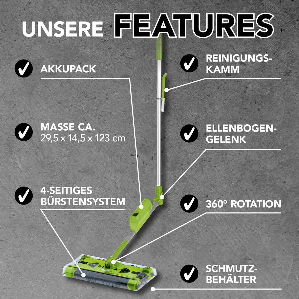 Swivel Sweeper G 2 Akkubesen kabellos Limegreen mit 4-seitigem Bürstensystem, 360° Rotation, Akku, Ellenbogengelenk und Schmutzbehälter.