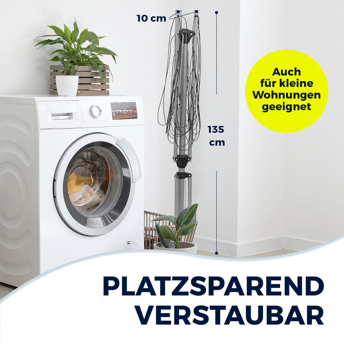Wäschespinne 1600 kompakt und platzsparend zusammenklappbar, ideal für kleine Wohnungen und Balkone, nur 10 cm breit verstaut.