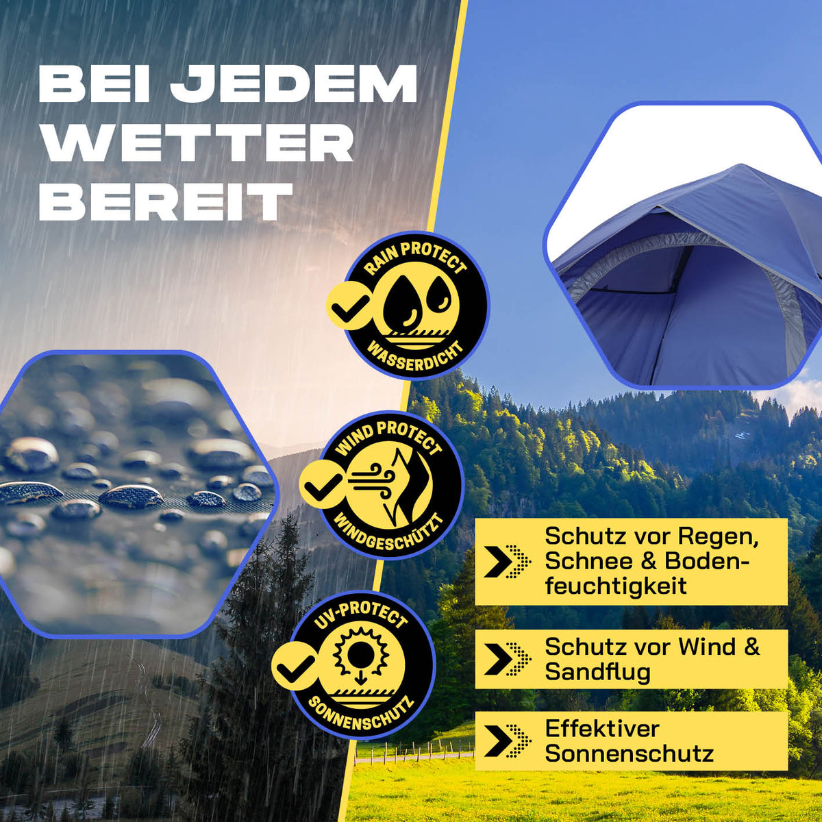 Pop up Wurfzelt für 3 Personen - Blau, wasser- und winddicht mit effektivem Sonnenschutz, ideal für alle Wetterbedingungen.
