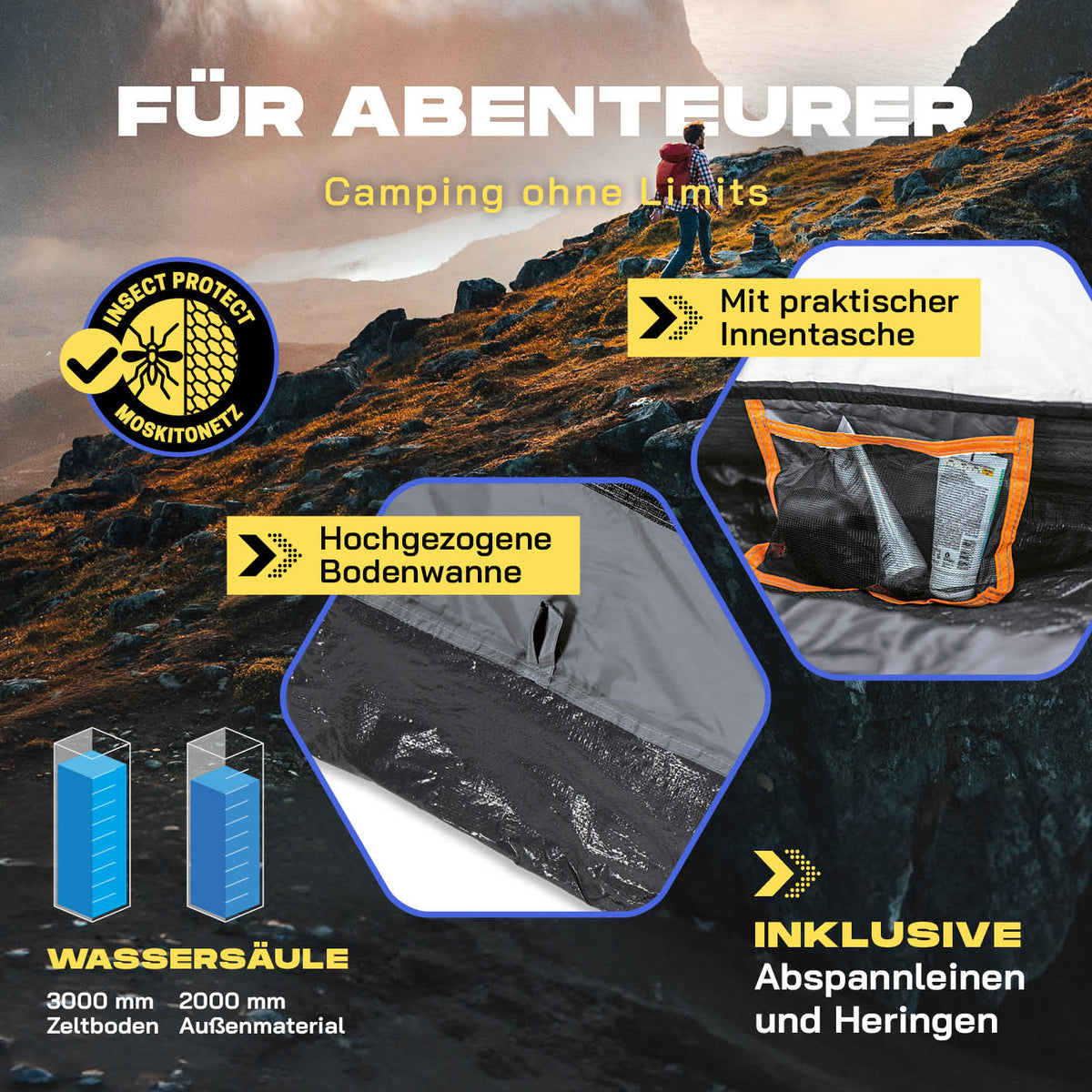 Pop up Wurfzelt für 3 Personen - Grau mit praktischer Innentasche, hoher Bodenwanne, wasserdicht und Insektenschutz für Outdoor-Abenteuer.