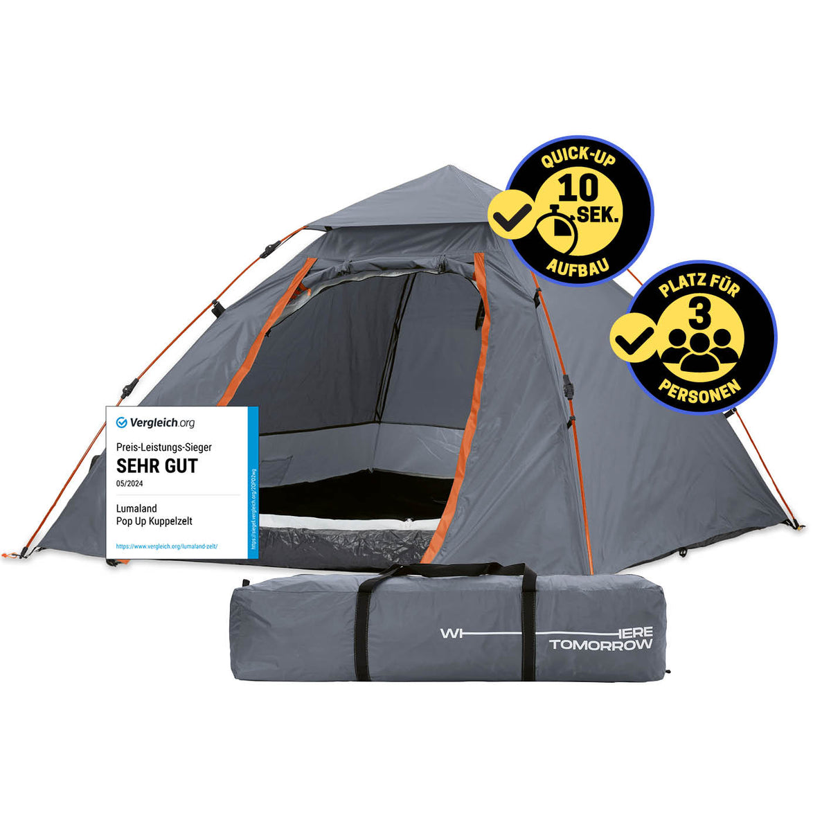 Pop up Kuppelzelt für 3 Personen - Grau, wasserfest, schneller Aufbau in 10 Sekunden, ideal für Reisen, Festival und Strand.