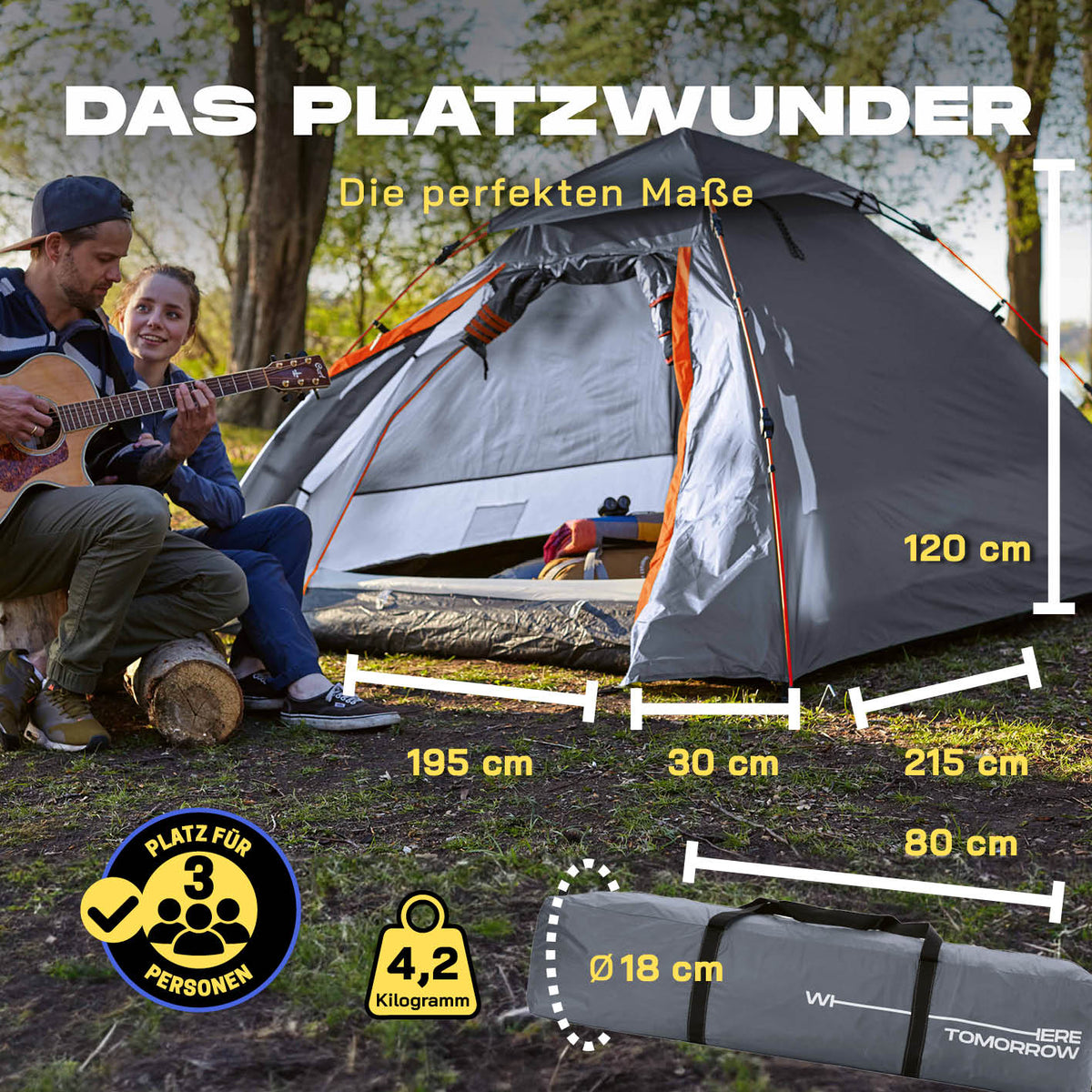Pop up Kuppelzelt für 3 Personen - Grau, leicht, wasserdicht, 3 Personen, schneller Aufbau, ideal fürs Camping und Outdoor-Abenteuer.