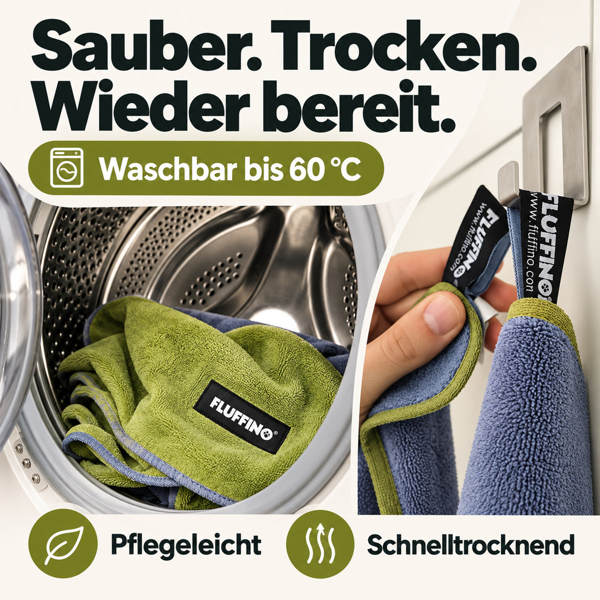 Hundehandtuch Mikrofaser – 2er-Pack - 90 x 50 cm - Grau & Grün waschbar bis 60 Grad und schnelltrocknend