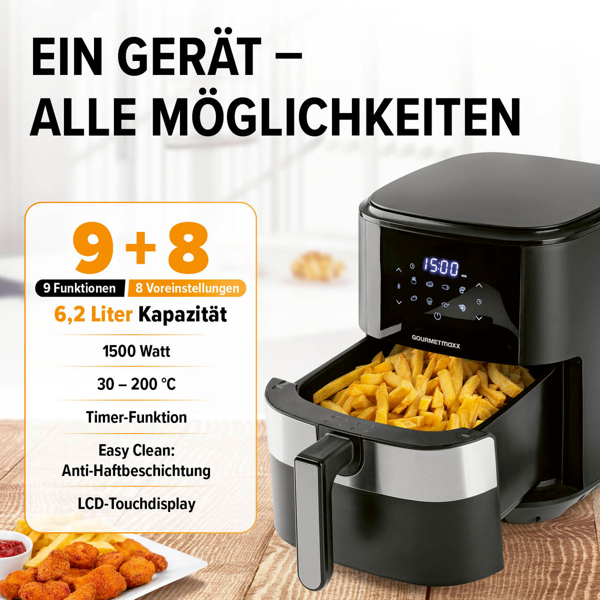 GOURMETmaxx Heißluftfritteuse - 6,2 l mit 9 Funktionen, 8 Programmen, 1500 W, LCD-Touchdisplay und 200 °C Temperaturbereich.