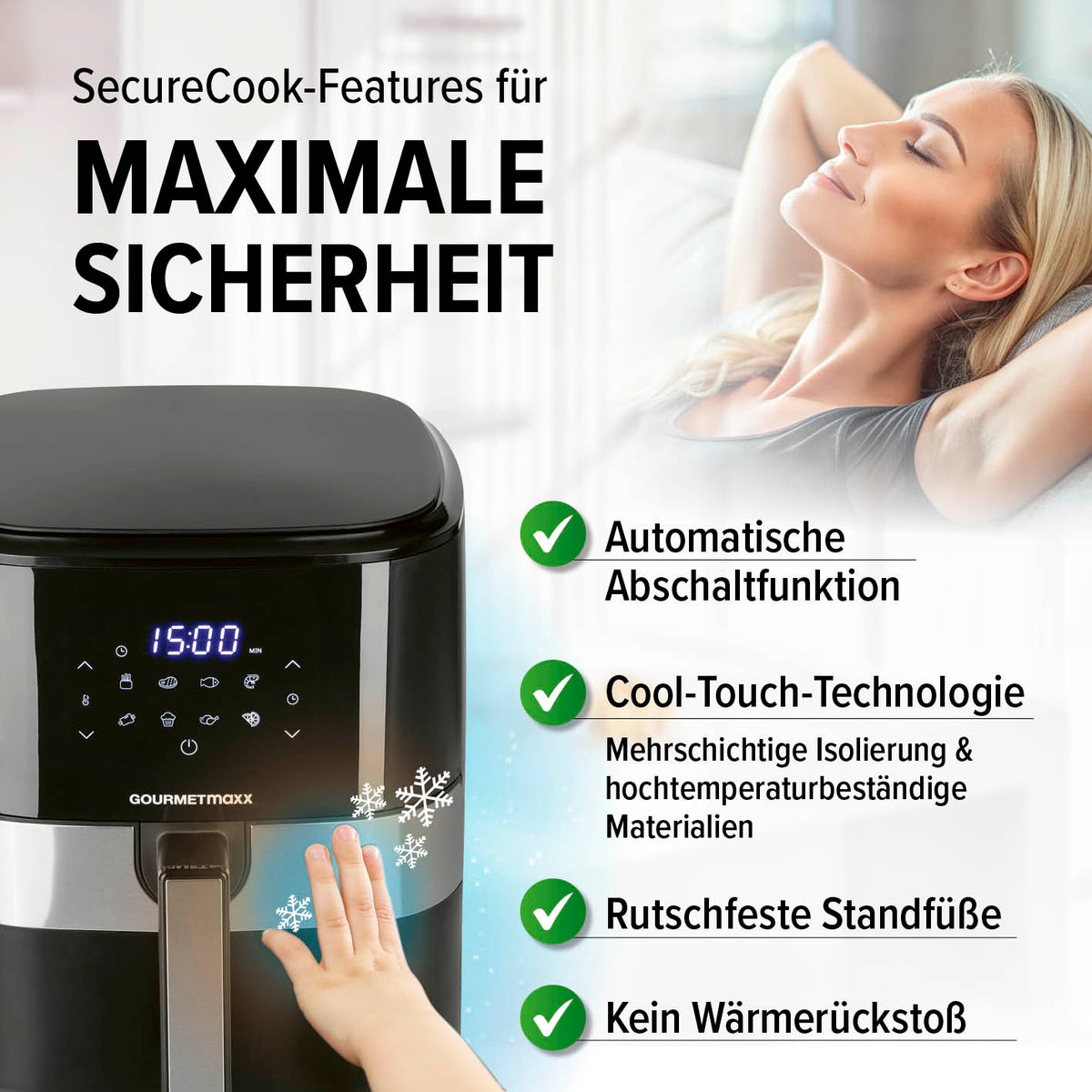 GOURMETmaxx Heißluftfritteuse - 6,2 l mit Automatischer Abschaltfunktion, Cool-Touch-Technologie und rutschfesten Standfüßen für maximale Sicherheit.