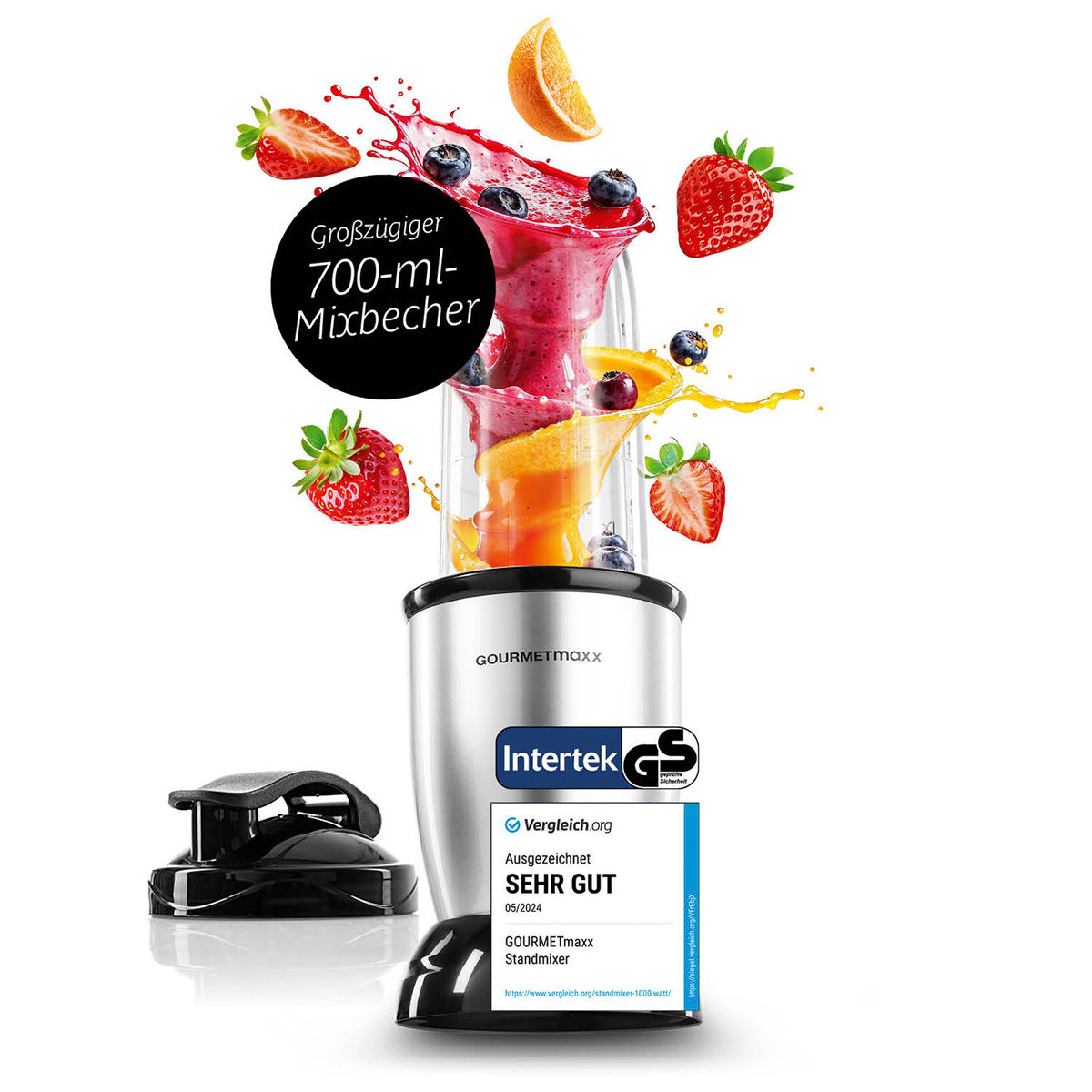 Nutrition Mixer Silber/Schwarz mit 700 ml Mixbecher, fruchtigen Smoothies und Testsiegel Sehr gut
