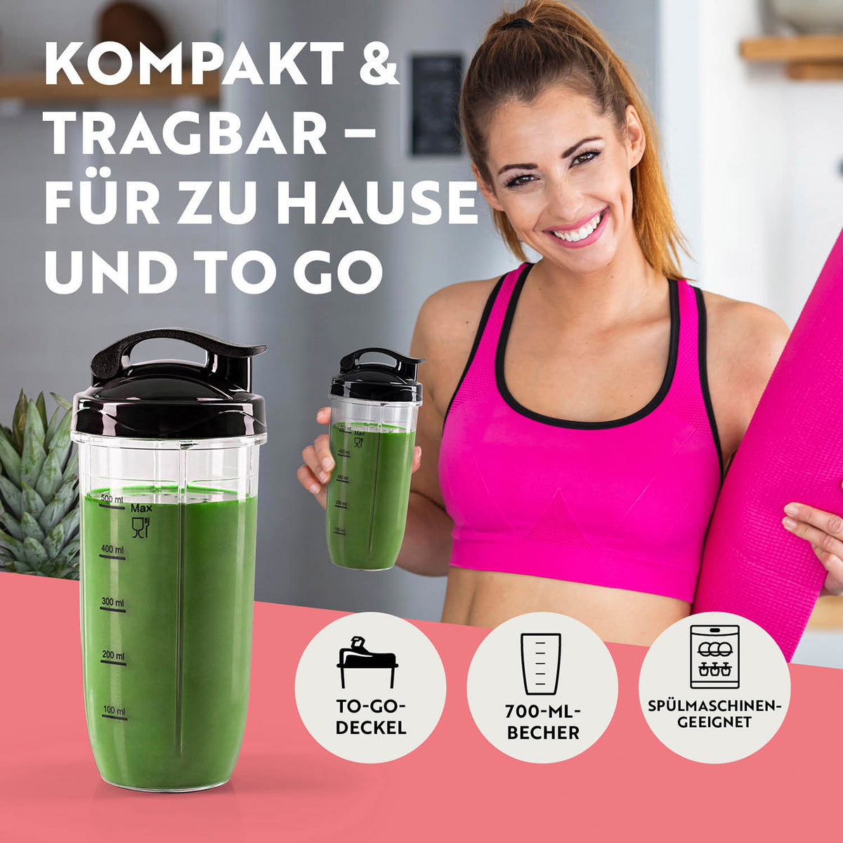 Nutrition Mixer Silber/Schwarz als kompakter tragbarer Mixer mit To-Go-Deckel 700-ml-Becher und spülmaschinengeeignetem Behälter