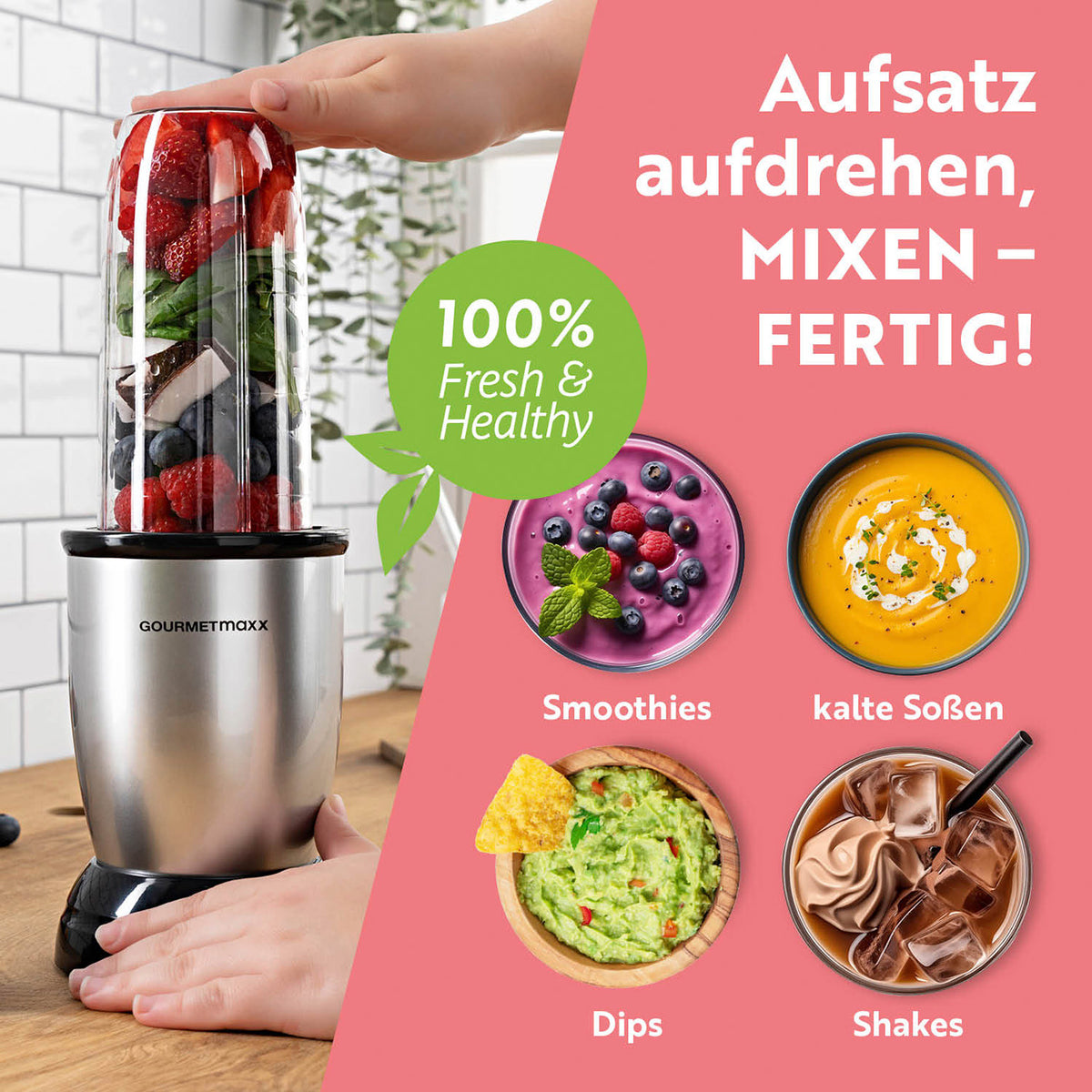 Nutrition Mixer Silber/Schwarz mit Beeren im Aufsatz sowie Smoothie, kalter Soße, Dip und Shake als Zubereitungsbeispiele