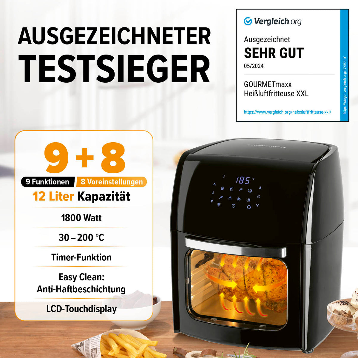 Digitale Heißluftfritteuse - 12 l mit 9 Funktionen, 1800 W, 12 Liter, LCD-Touchdisplay, Timer und Anti-Haftbeschichtung.