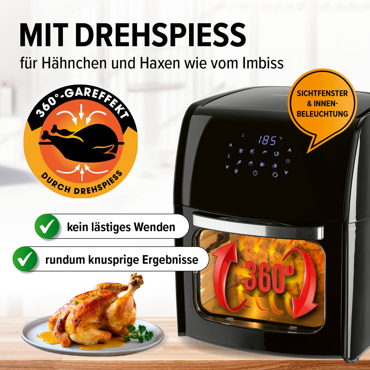 Digitale Heißluftfritteuse - 12 l mit Drehspieß, 360° Rapid Air Technology, Sichtfenster und Touchdisplay für fettarmes Grillhähnchen.