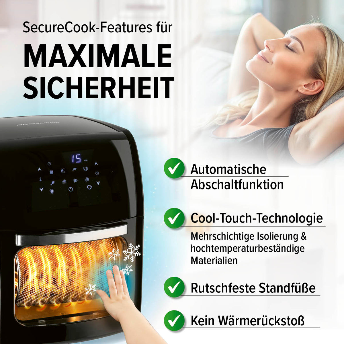 Digitale Heißluftfritteuse - 12 l mit Sicherheitsfunktionen wie Abschaltautomatik, Cool-Touch-Technologie und rutschfesten Standfüßen.