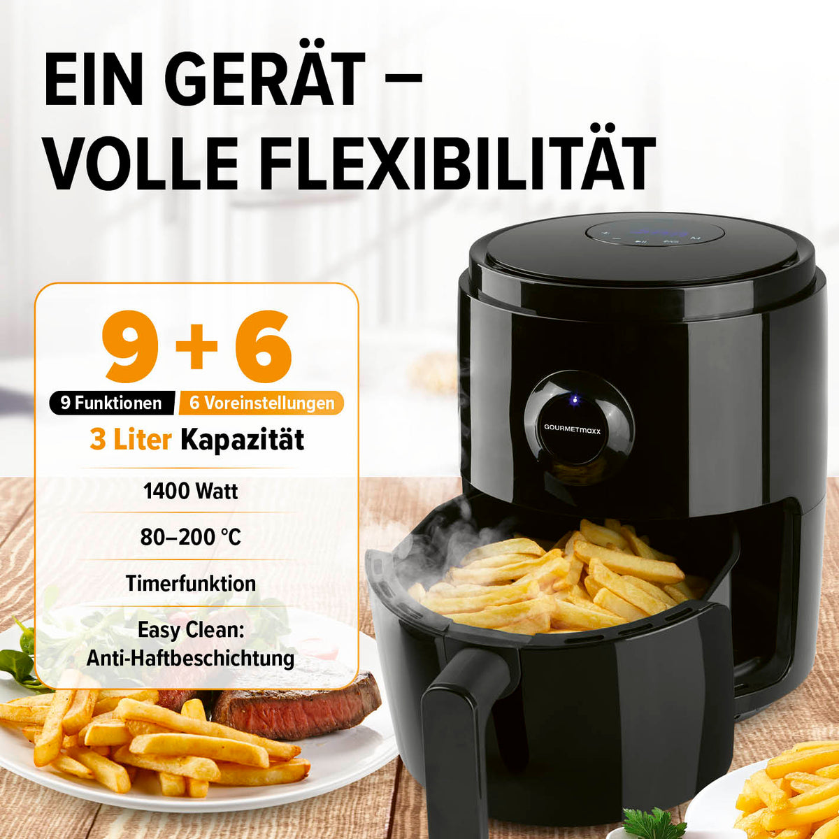 Heißluftfritteuse - 3 l mit 1400 W, 9 Funktionen, 6 Programmen, 3 Liter Kapazität und Anti-Haftbeschichtung für fettarmes Frittieren.