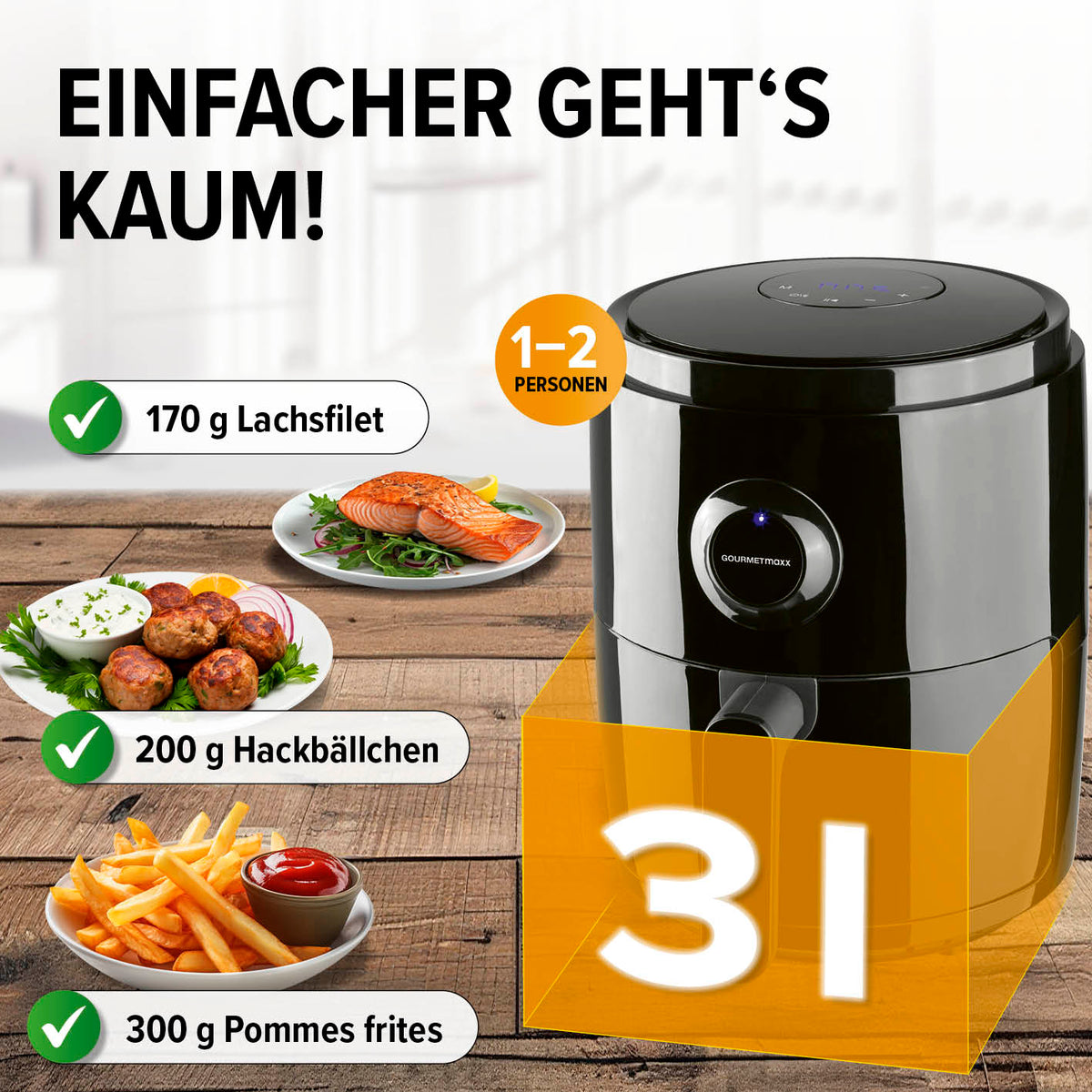 Heißluftfritteuse - 3 l mit 1400 W, 360° Luftzirkulation, ideal für 1-2 Personen, fettarmes Frittieren und vielseitige Programme.
