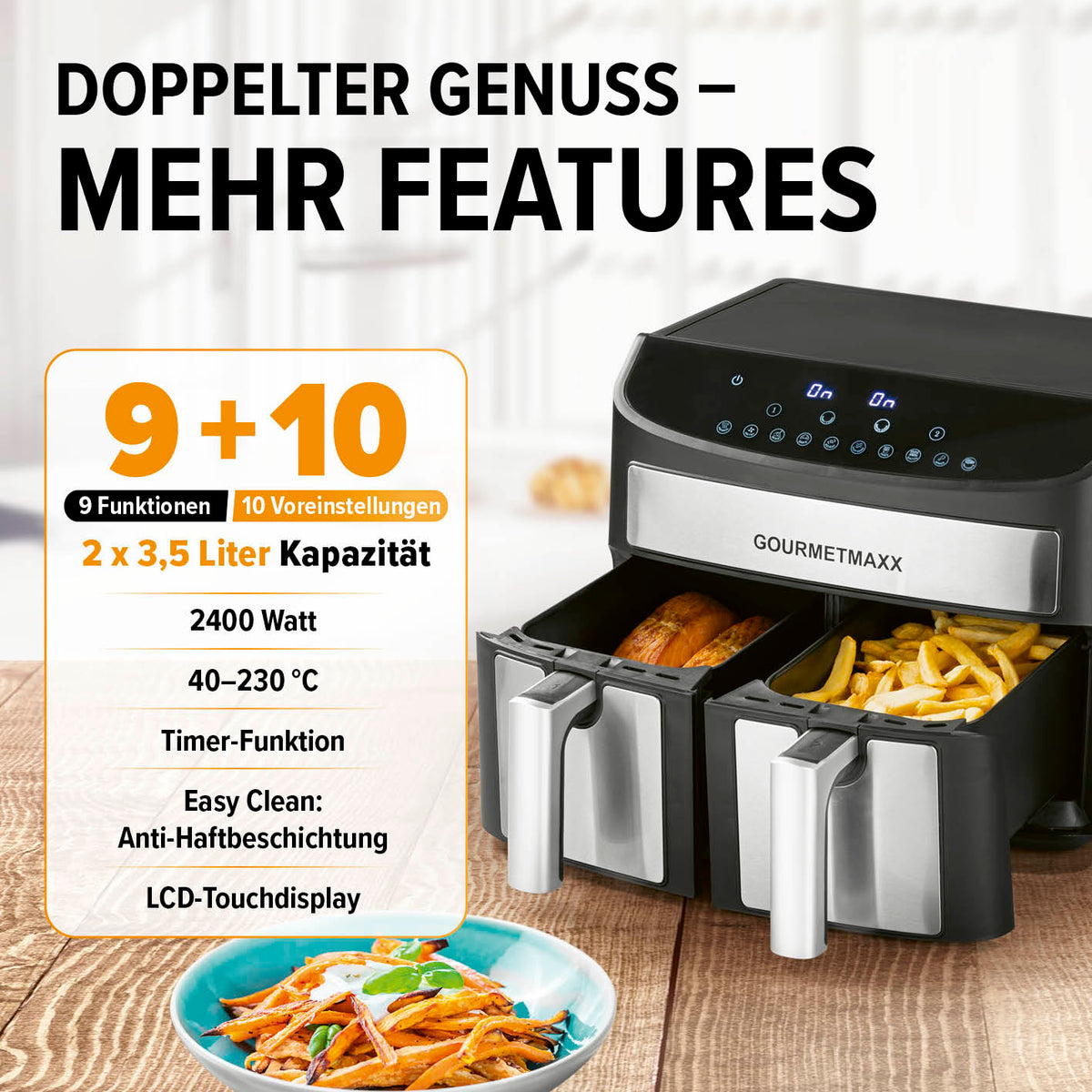 Doppelkammer-Heißluftfritteuse - 2 x 3,5 L mit 9 Funktionen, 10 Programmen, LCD-Touchdisplay und 2400 W Leistung.