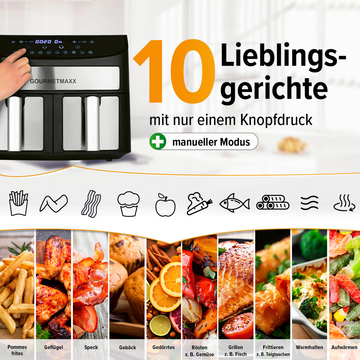 Doppelkammer-Heißluftfritteuse - 2 x 3,5 L mit 10 Programmen für leckere Gerichte per Knopfdruck und manuellem Modus.