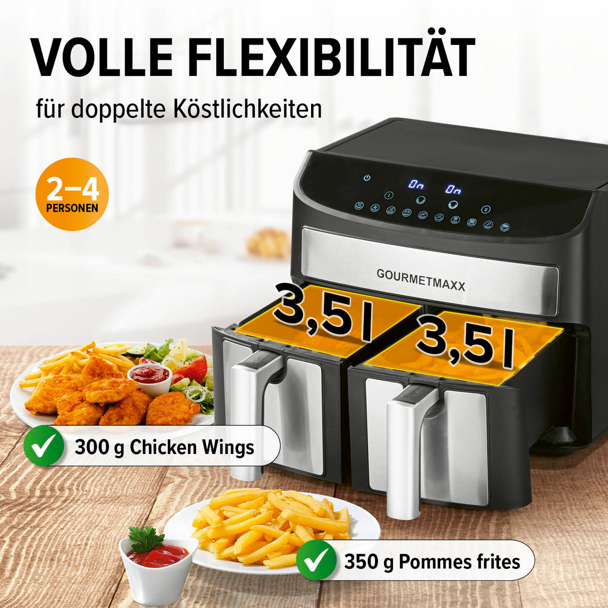Doppelkammer-Heißluftfritteuse - 2 x 3,5 L mit zwei Garzonen für fettarmes Frittieren von Pommes und Chicken Wings.