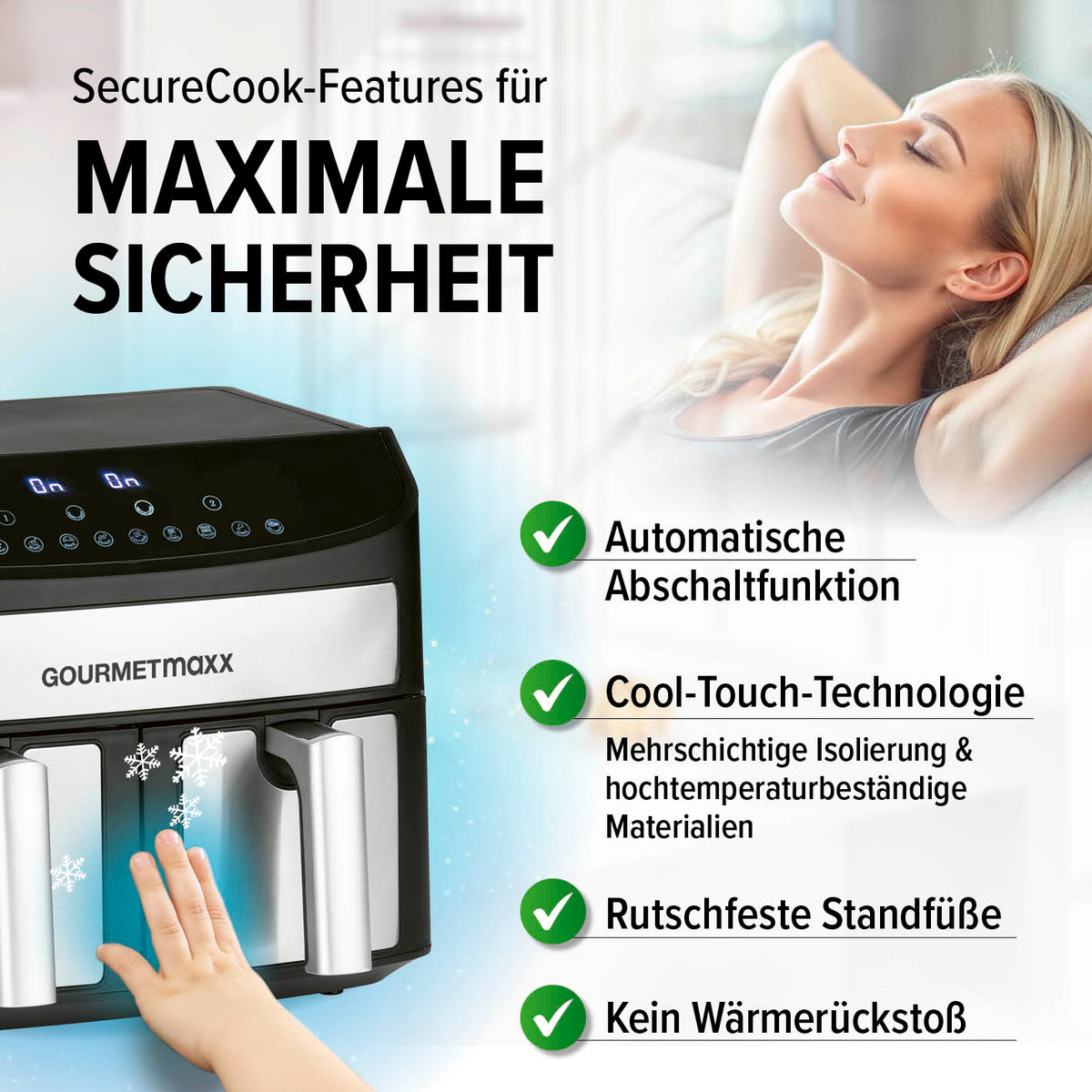 Doppelkammer-Heißluftfritteuse - 2 x 3,5 L mit SecureCook-Features für maximale Sicherheit und automatische Abschaltfunktion.