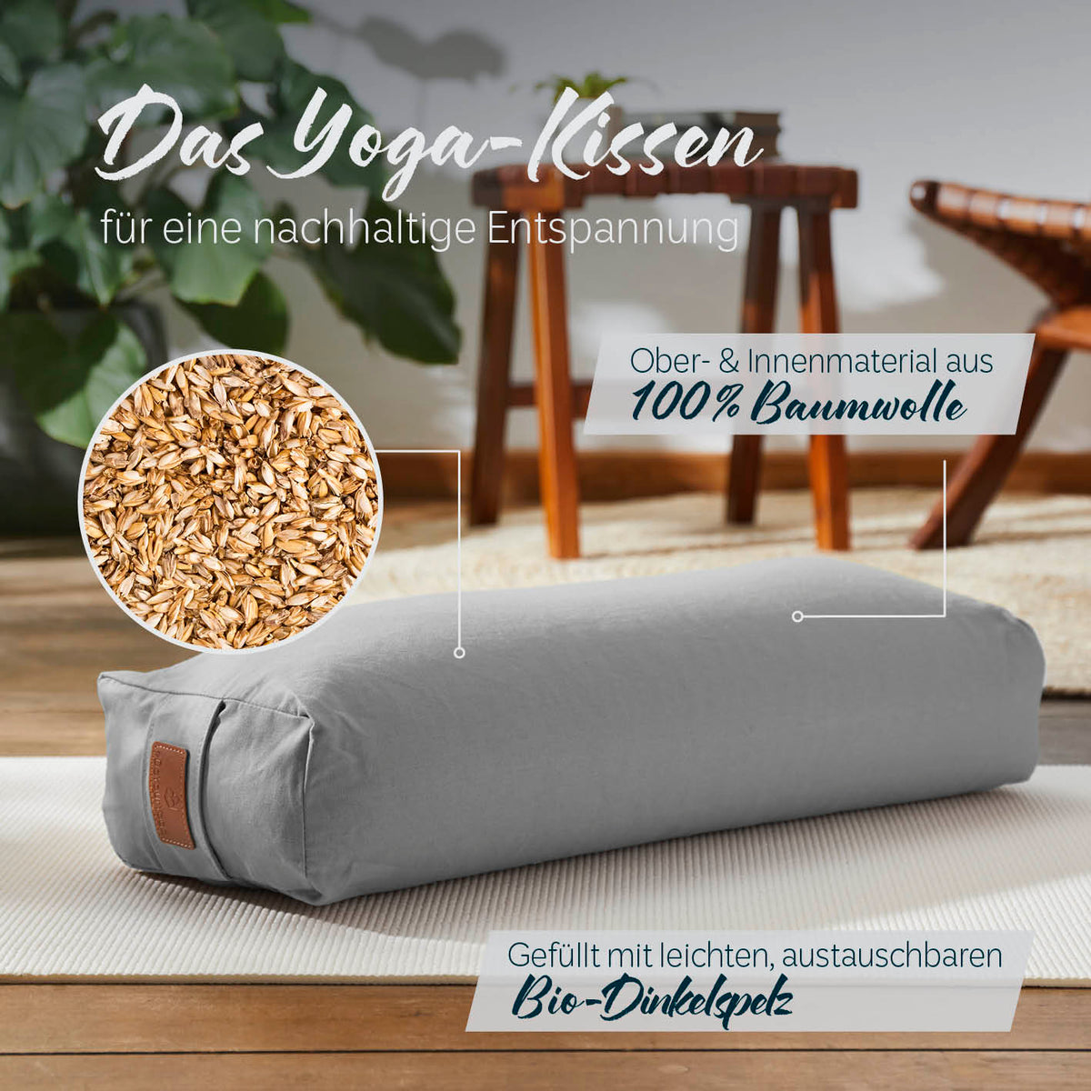 Yoga-Bolster Paravati 67x22x13 cm Zementgrau, gefüllt mit Bio-Dinkelspelz, Bezug aus 100% Baumwolle, nachhaltig und pflegeleicht.