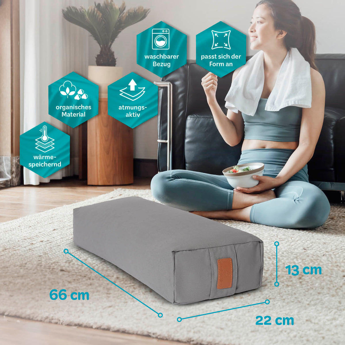 Yoga-Bolster Paravati - gefüllt mit Bio-Dinkelspelz, 67 x 22 x 13 cm, Zementgrau, waschbarer Bezug, atmungsaktiv, organisch.