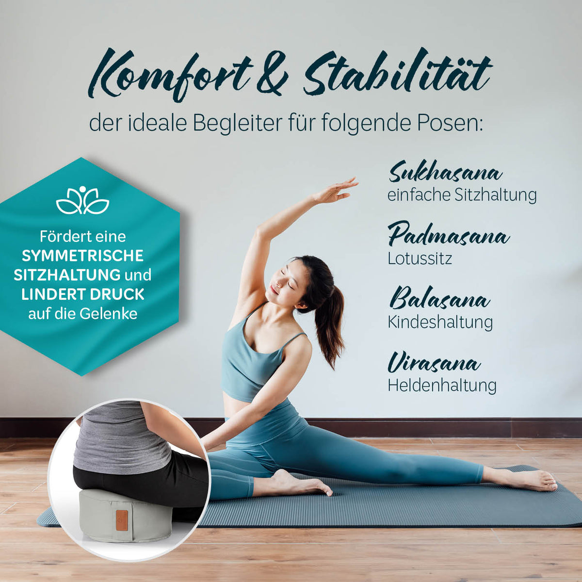 Yoga-Kissen Vishnu rund 30x30x15 cm mit Bio-Dinkelspelz, grau, unterstützt Symmetrie und Komfort bei Yoga-Posen.