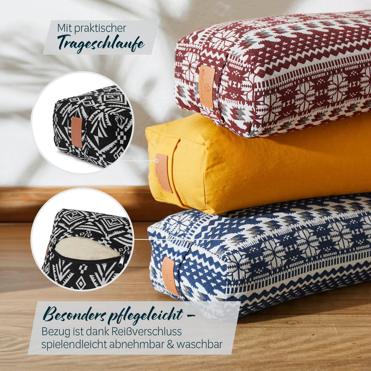 Yoga-Bolster Paravati - gefüllt mit Bio-Dinkelspelz, 67x22x13 cm, Style 7 (Schwarz-Weiß), pflegeleichter abnehmbarer Bezug mit Reißverschluss.
