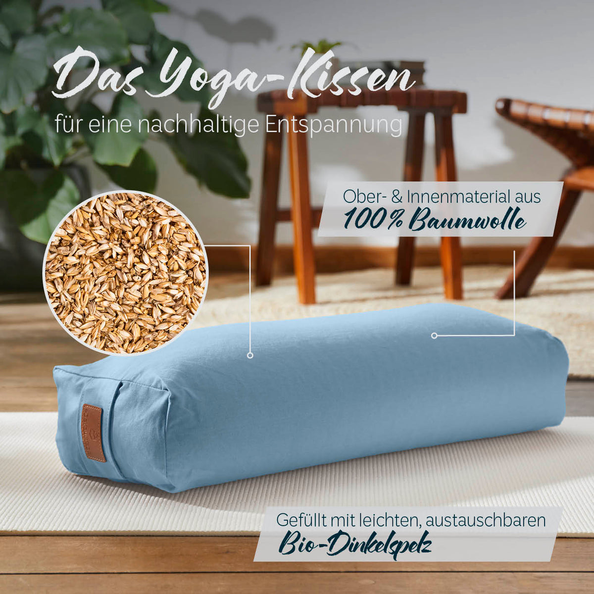 Yoga-Bolster Paravati gefüllt mit Bio-Dinkelspelz, hellblau, 67x22x13 cm, 100% Baumwolle, nachhaltig und waschbar.