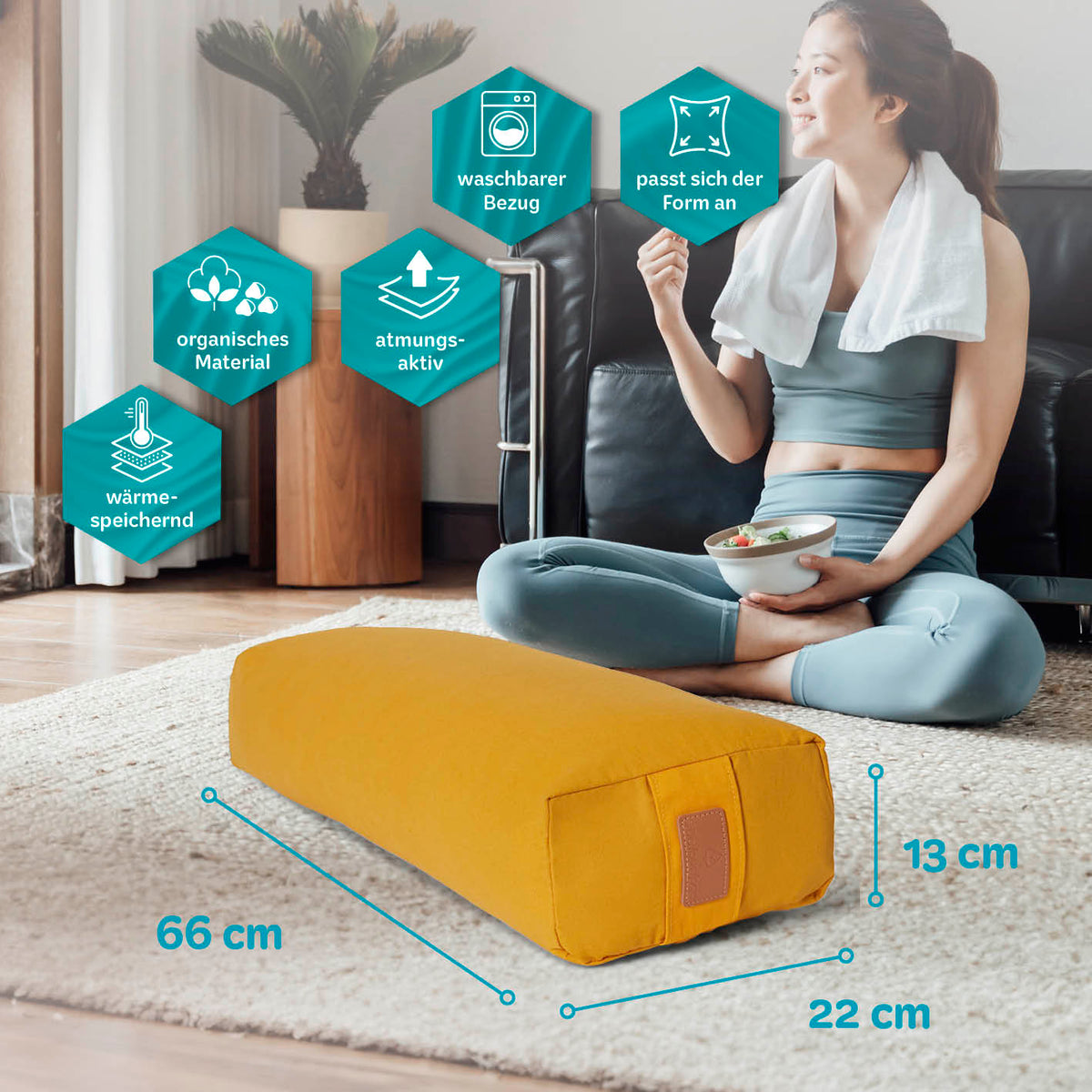 Yoga-Bolster Paravati - gefüllt mit Bio-Dinkelspelz, Indischgelb, 67 x 22 x 13 cm, waschbarer Bezug, atmungsaktiv und anpassbar.