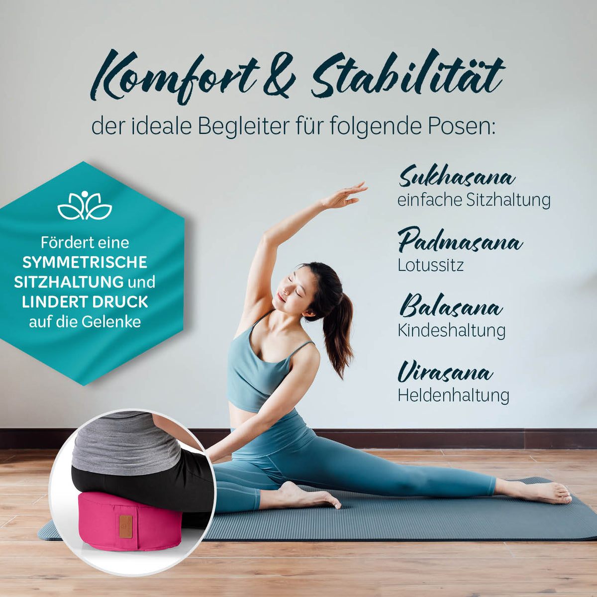Yoga-Kissen Vishnu - gefüllt mit Bio-Dinkelspelz, rund 30x30x15 cm, pink, ideal für Yoga-Posen und symmetrische Sitzhaltung.
