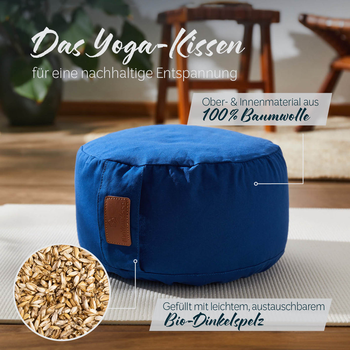 Yoga-Kissen Vishnu navyblau, rund 30x30x15 cm, gefüllt mit Bio-Dinkelspelz, Bezug aus 100% Baumwolle, waschbar und nachhaltig.