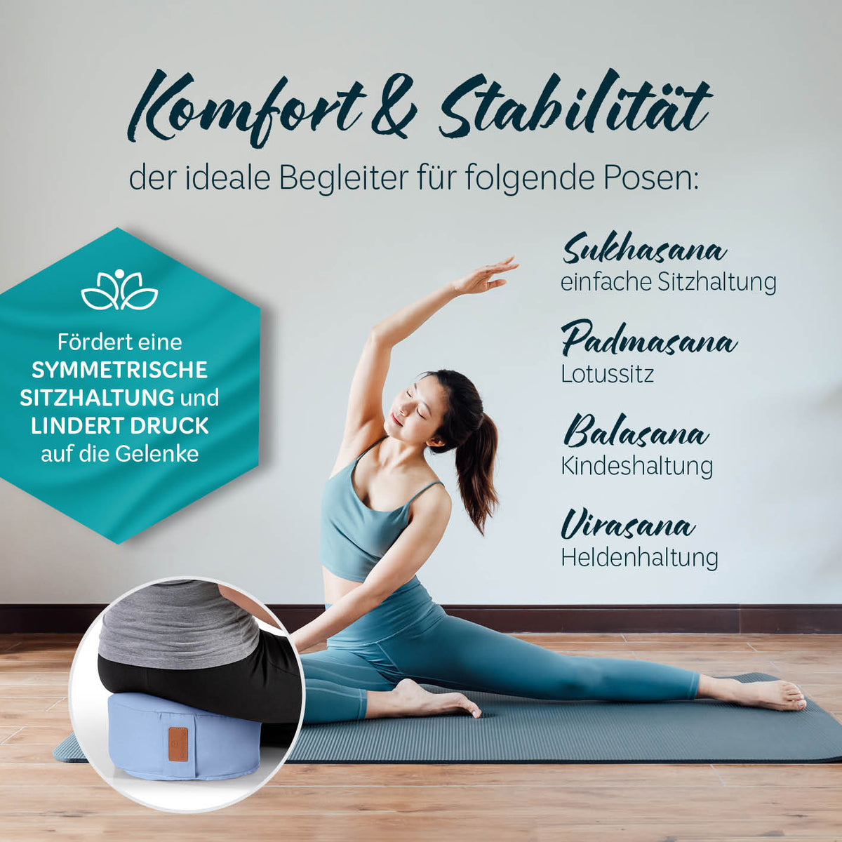 Yoga-Kissen Vishnu rund 30x30x15 cm mit Bio-Dinkelspelzfüllung und Lavendel, ideal für Komfort und Stabilität bei Yoga-Posen.