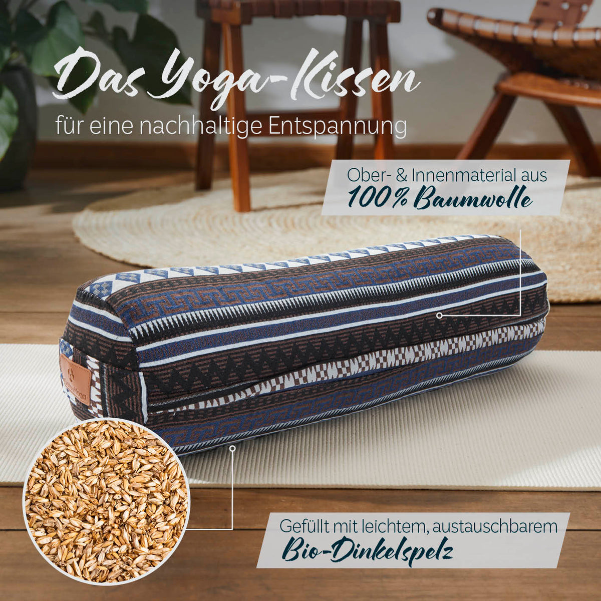Yoga-Bolster Tarik - gefüllt mit Bio-Dinkelspelz, 68x22x22 cm, nachhaltiges Meditationskissen mit Baumwollbezug, Style 11.